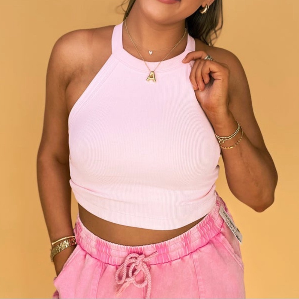 Rae Mode Pink Halter Neck Ribbed Crop Top size Large with built in bra